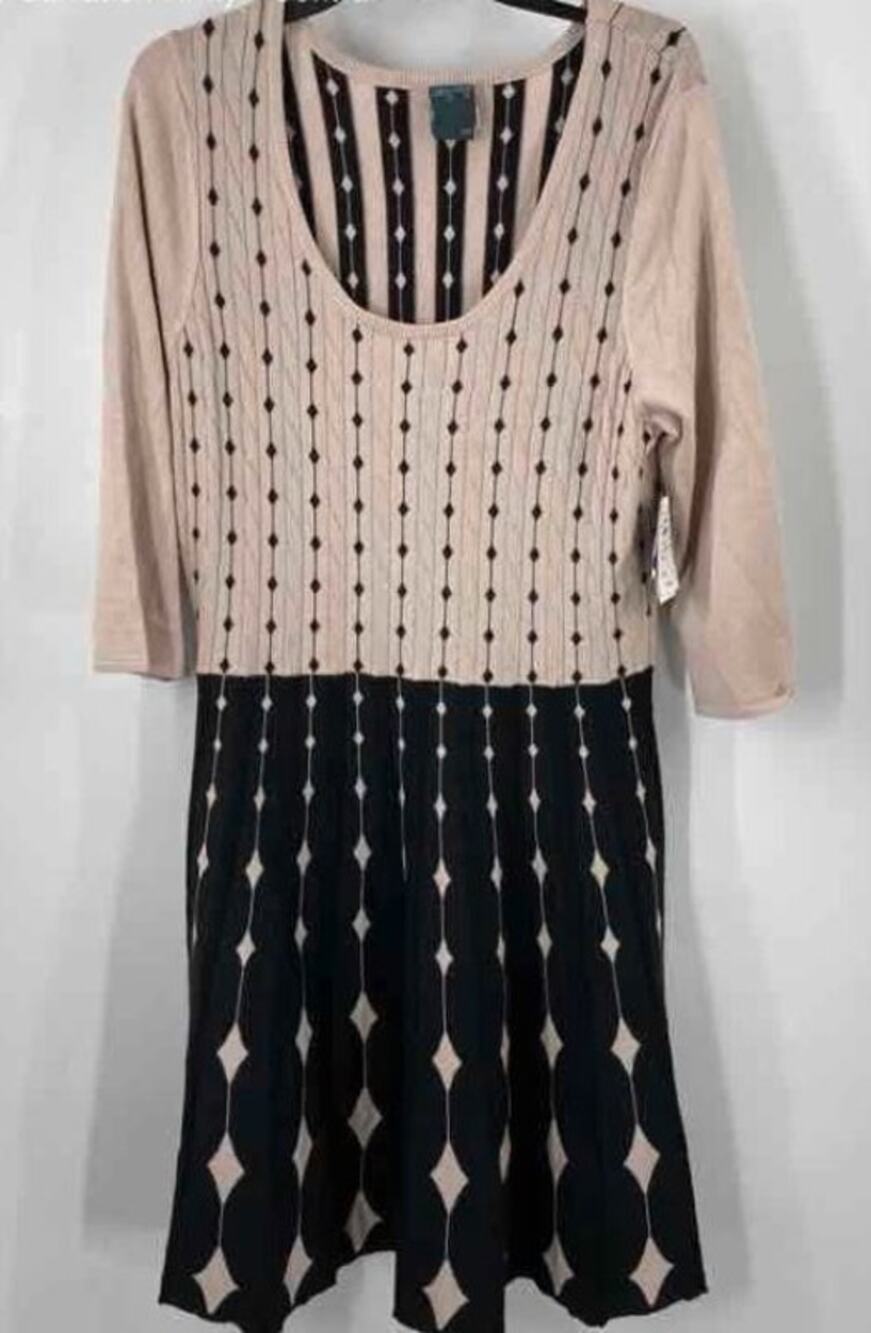 Gabby Skye Womens Beige Black Argyle Diamond Knit Sweater Dress Size XL